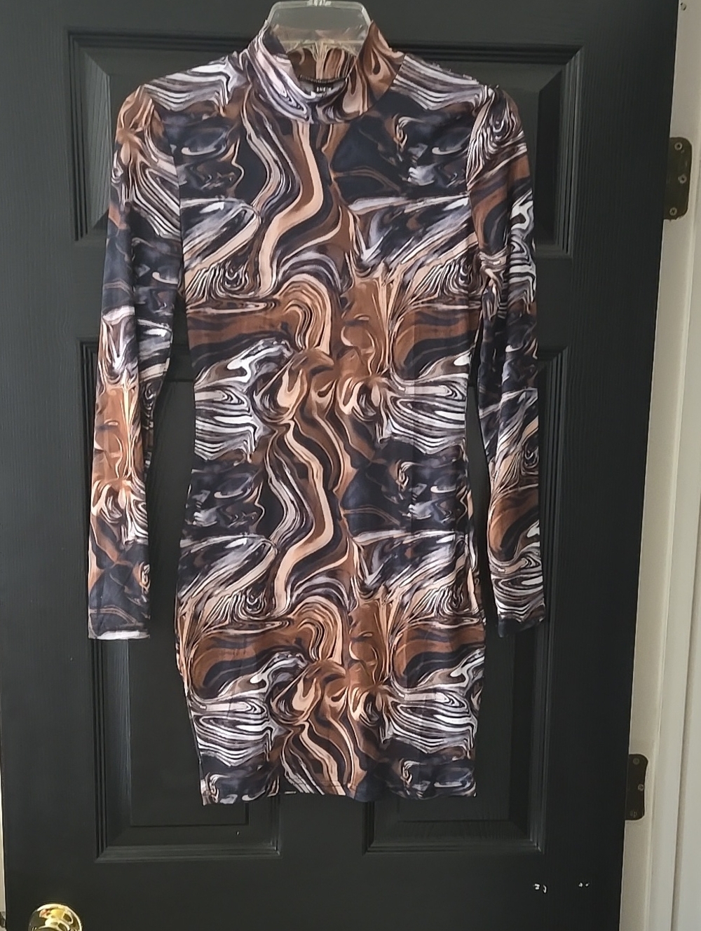 SHEIN Abstract Marble-Print Long Sleeve Bodycon Dress - Brown/Black/White